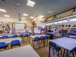 Tables and chairs in classroom